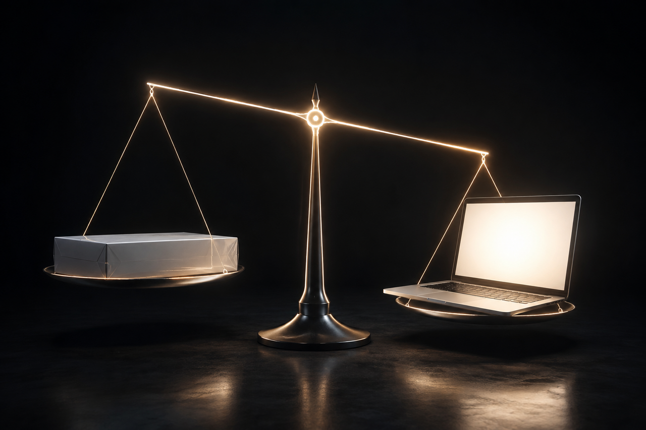 A glowing balance scale of light on a dark surface, a sealed new laptop box on one side and a used MacBook glowing brighter on the other