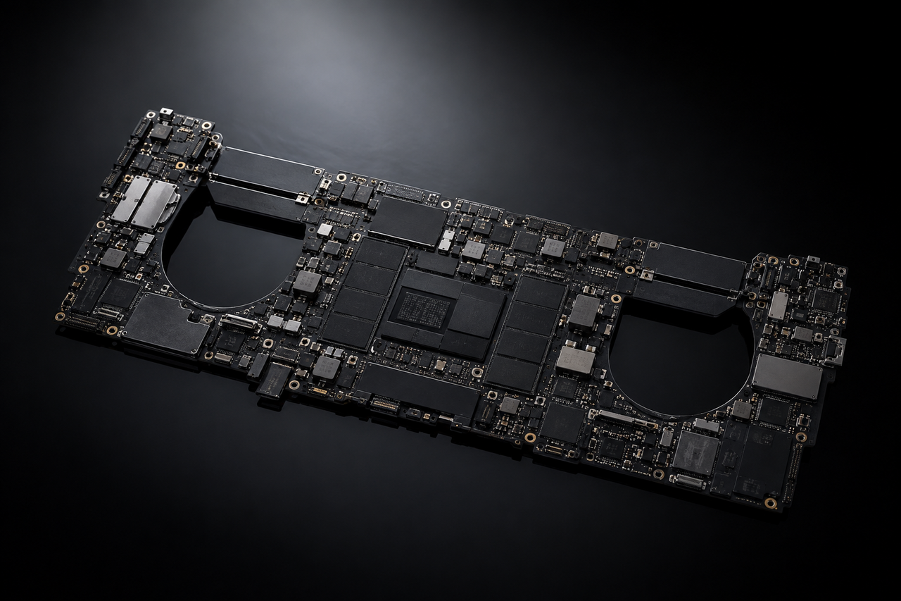 Macro studio shot of an opened aluminum laptop top case revealing a glued-in battery, ribbon cables and screws on a soft gray background