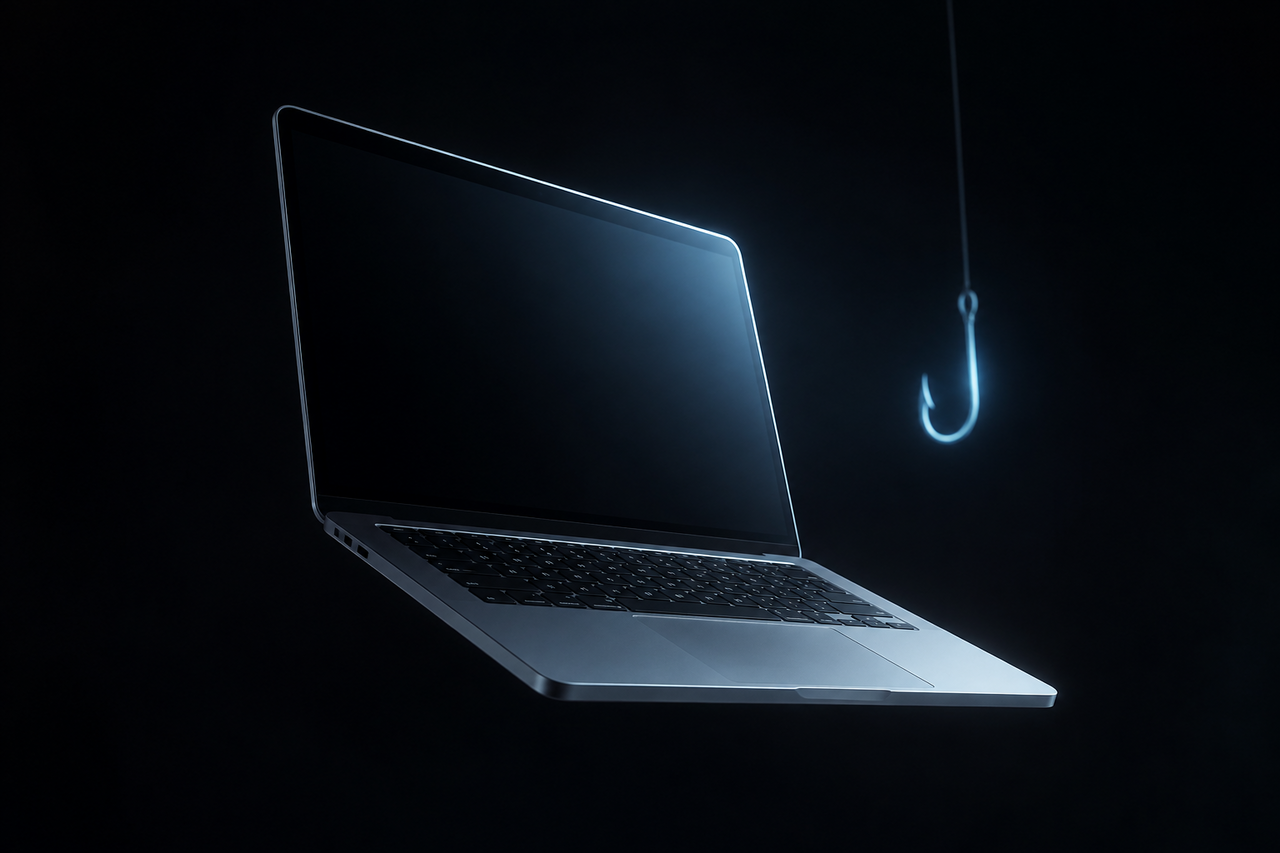 A too-perfect glowing MacBook floating in the dark with a faint fishing hook of light behind it