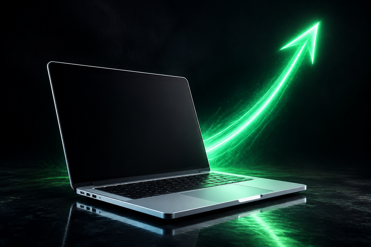 A sleek silver MacBook on a dark reflective surface with a glowing upward green arrow of light rising behind it